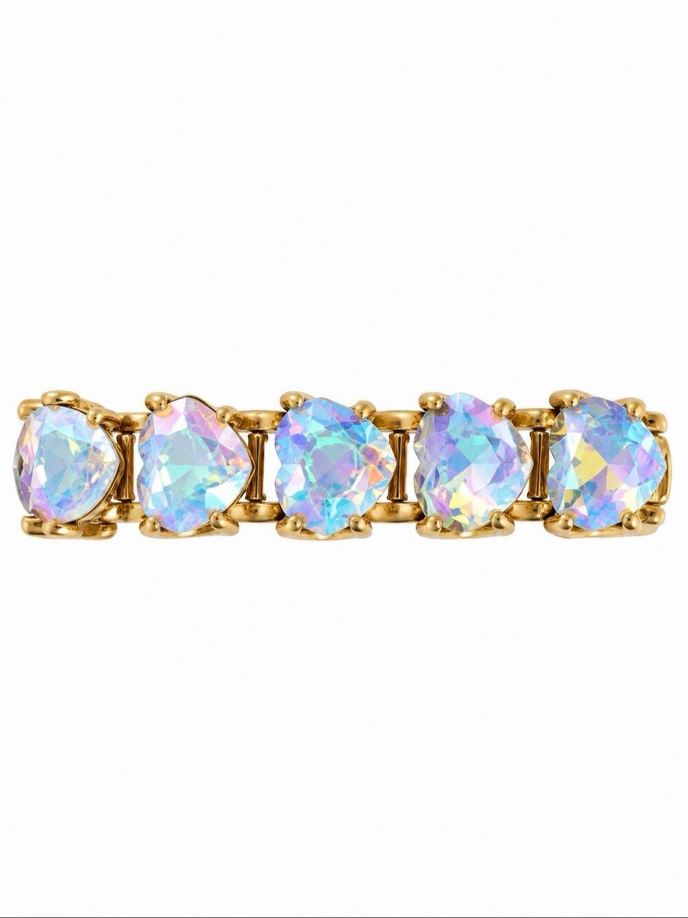 Iridescent AB Crystal Heart Gold Tone Tennis Statement Bracelet